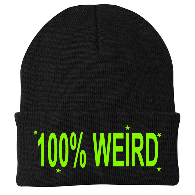100% WEIRD BEANIE BLACK + NEON GREEN TEXT